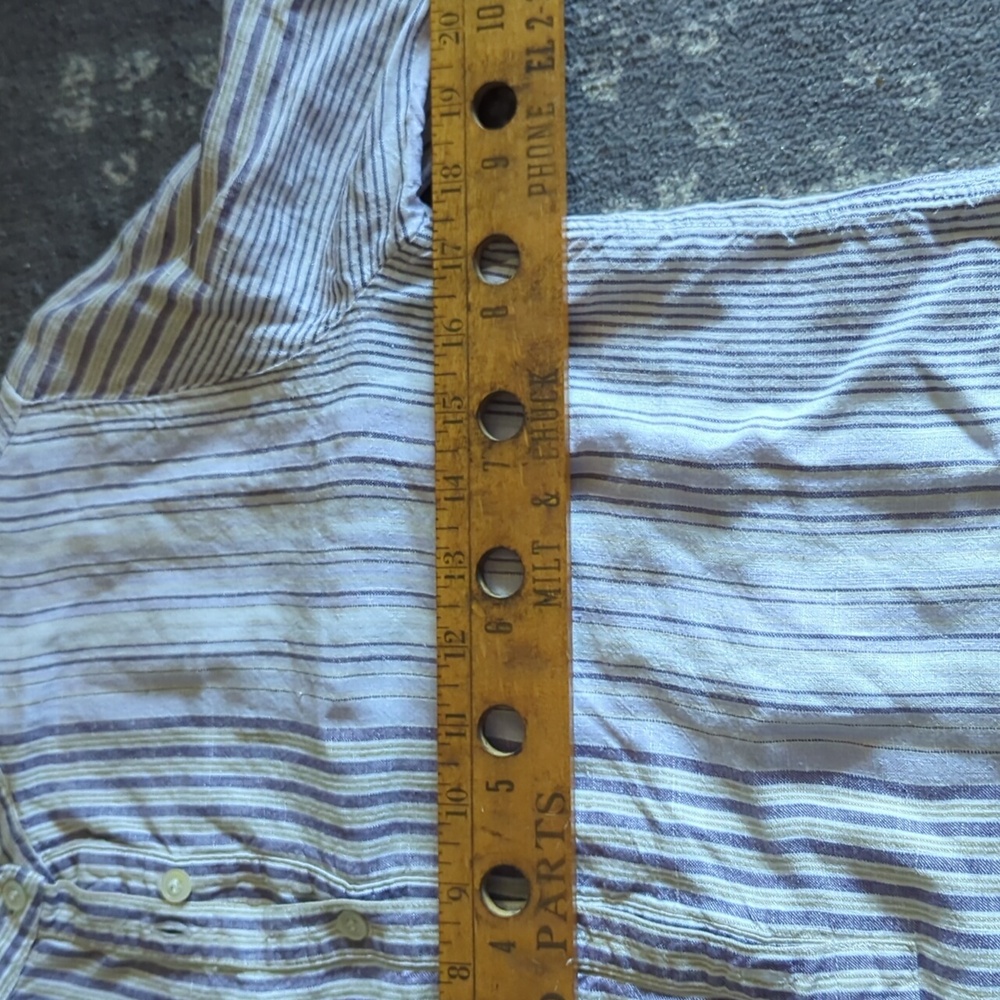 Kate Hill Petite Blue Yellow and White Striped Linen 3/4 Front Button Top S PS - Picture 6 of 7